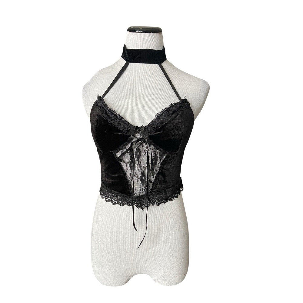 Velvet Lace Halter Choker Corset Top Size M Y2K Black Goth Vamp Alt Lingerie